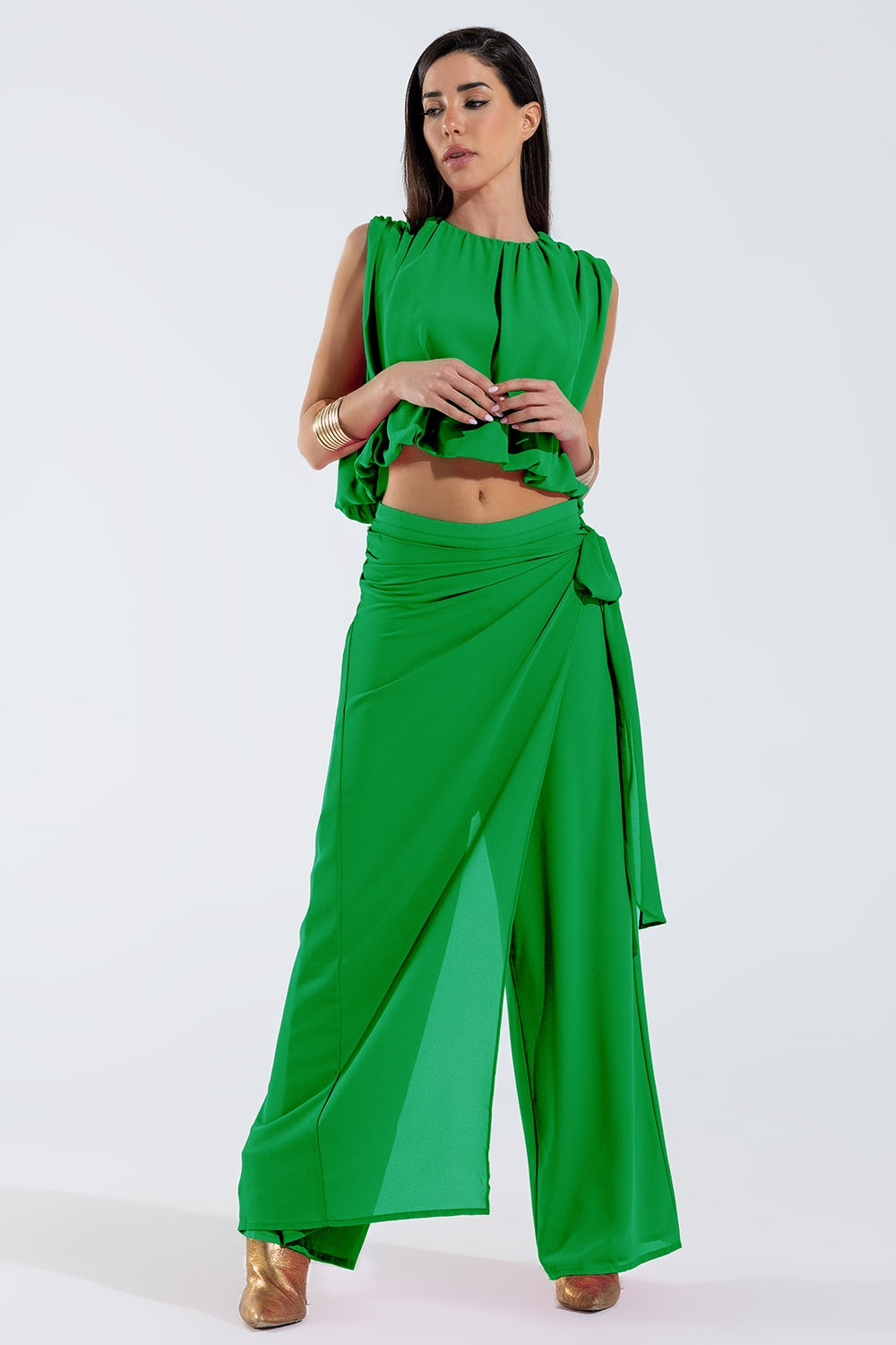 Wide green Pants Overlay Skirt Tied At The Side - trousers