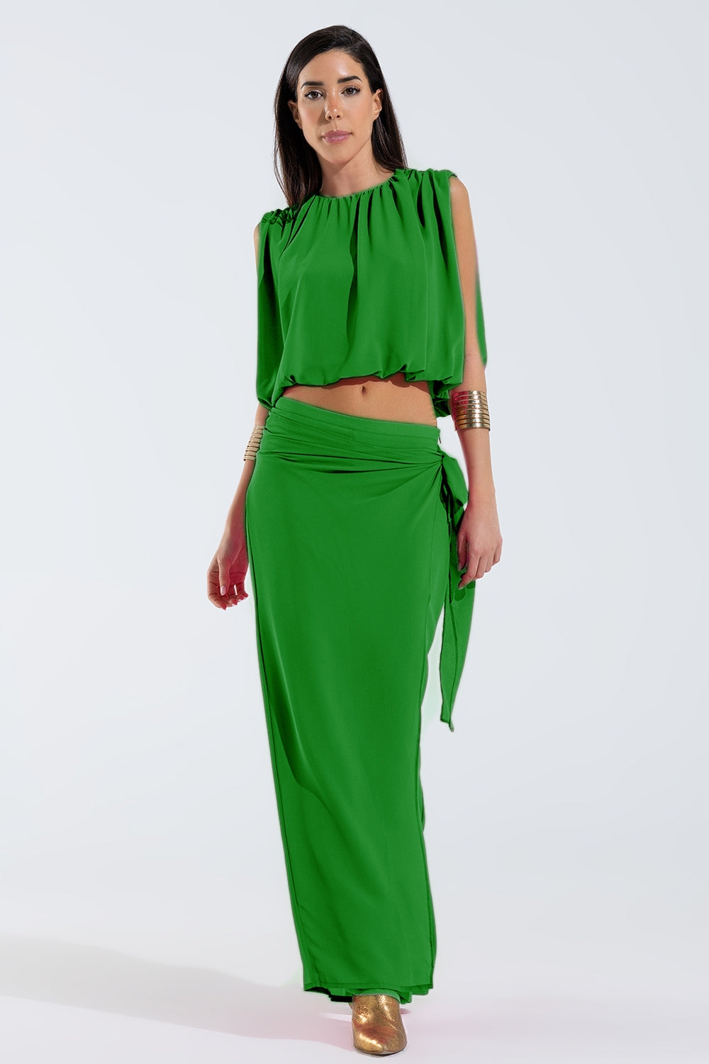 Wide green Pants Overlay Skirt Tied At The Side - trousers