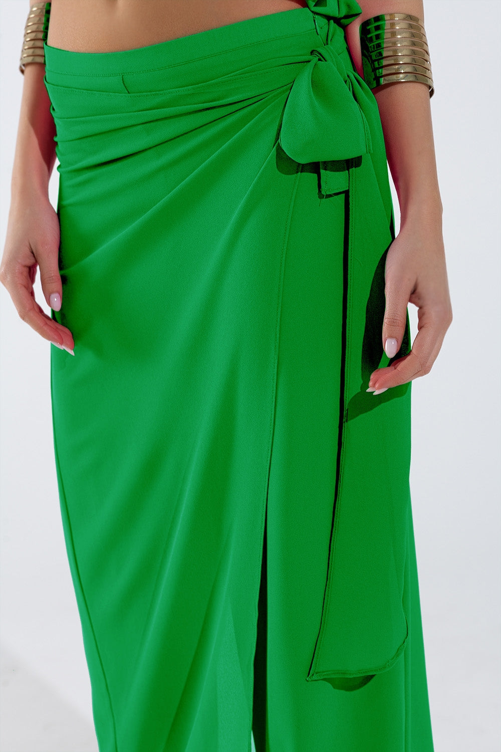 Wide green Pants Overlay Skirt Tied At The Side - trousers