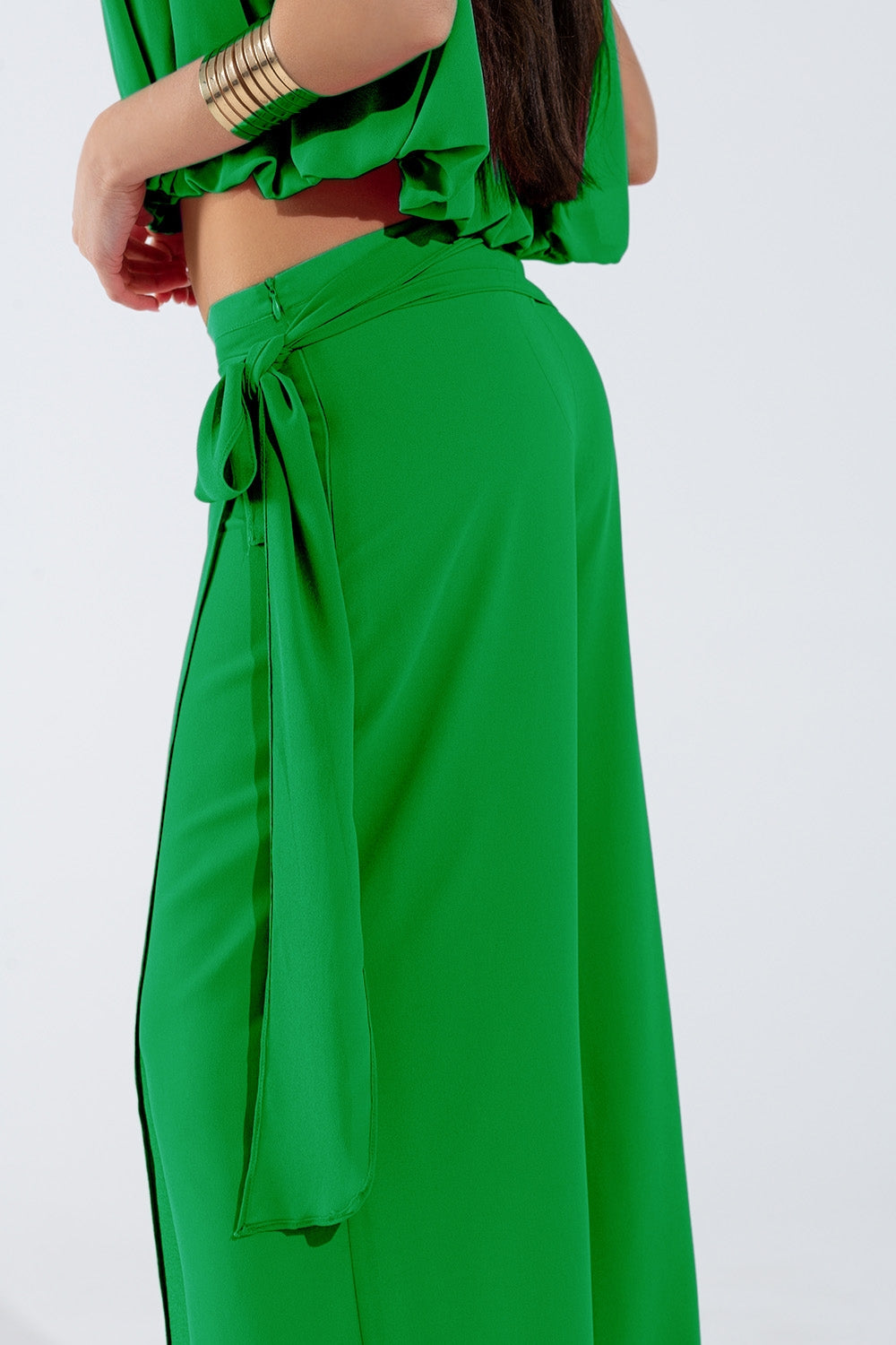 Wide green Pants Overlay Skirt Tied At The Side - trousers