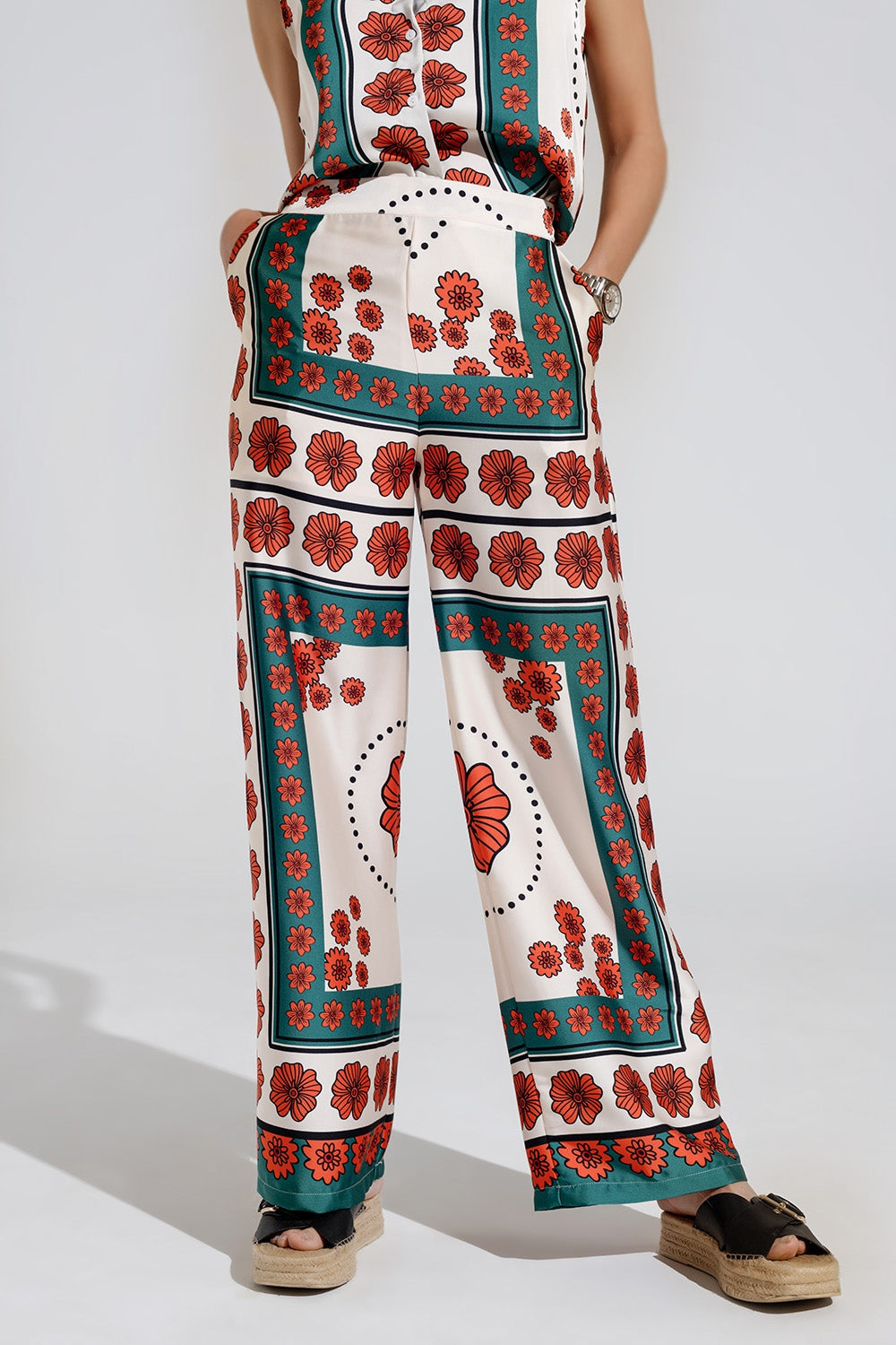 Satin Creme Flared Pants With Floral Design - trousers