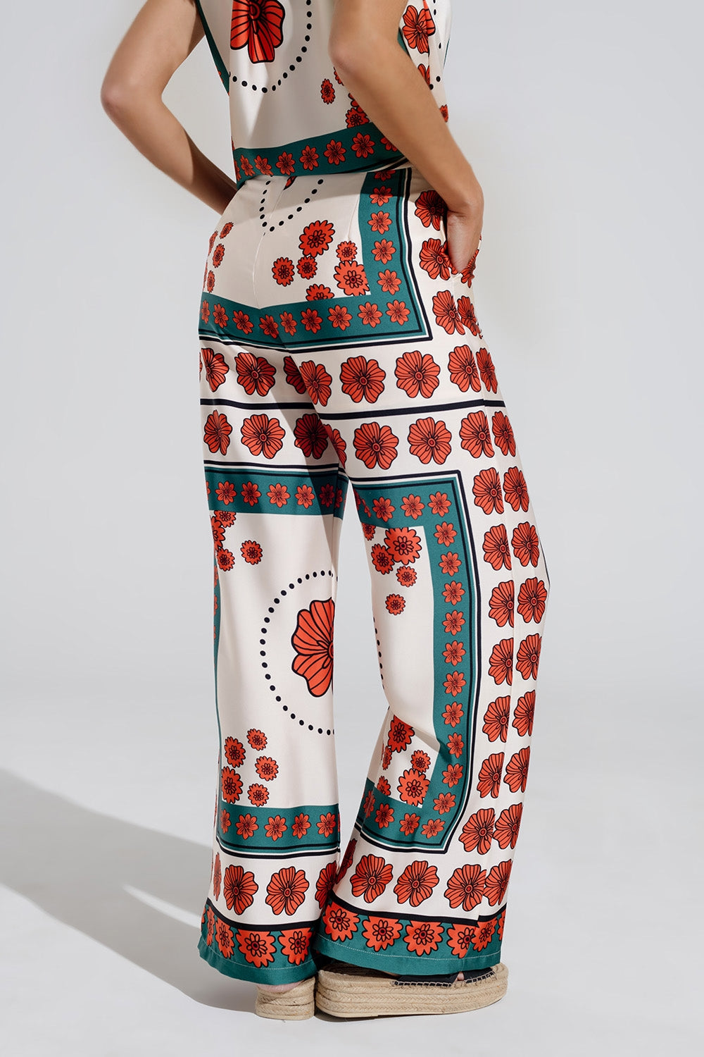 Satin Creme Flared Pants With Floral Design - trousers
