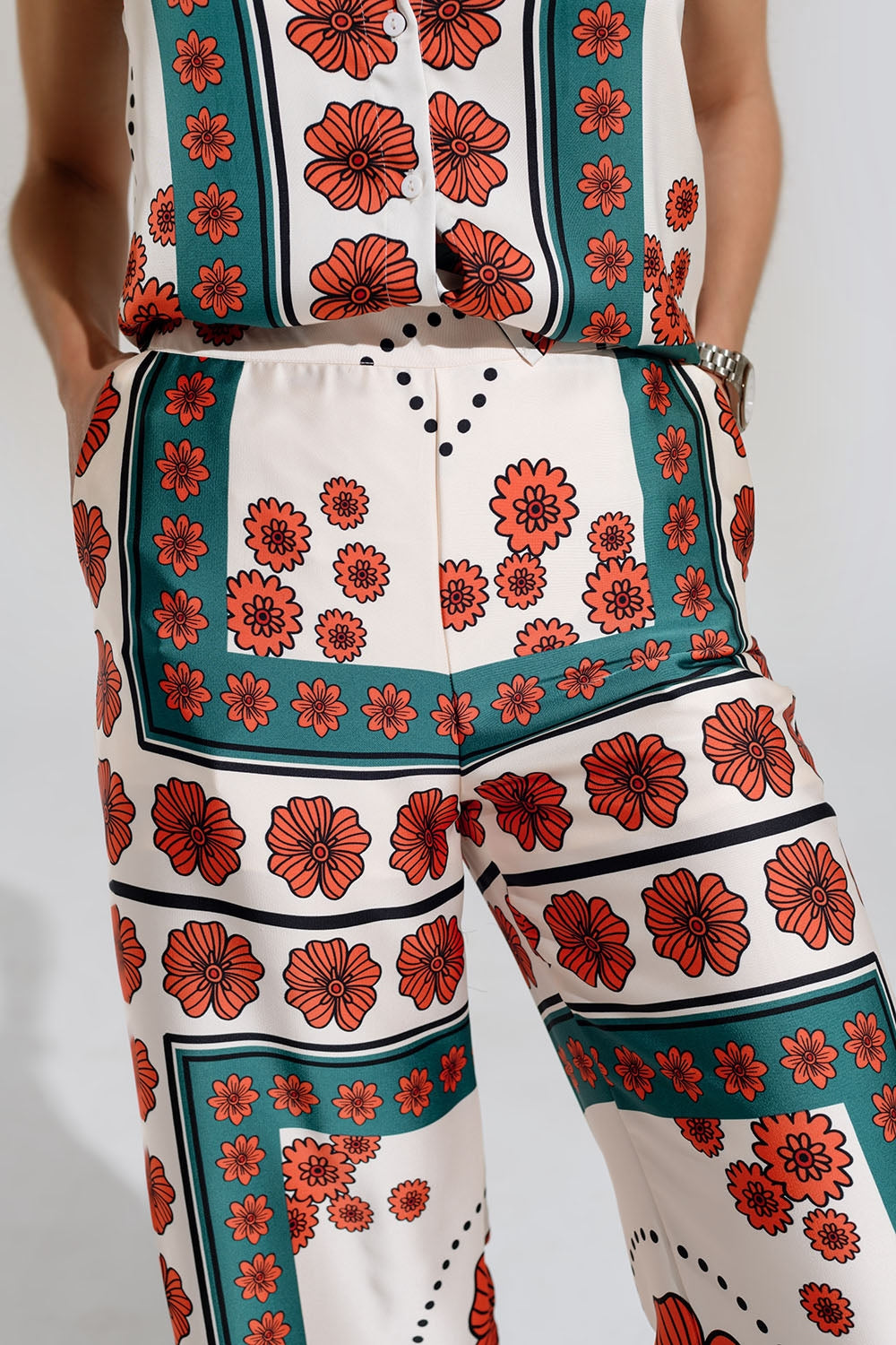 Satin Creme Flared Pants With Floral Design - trousers