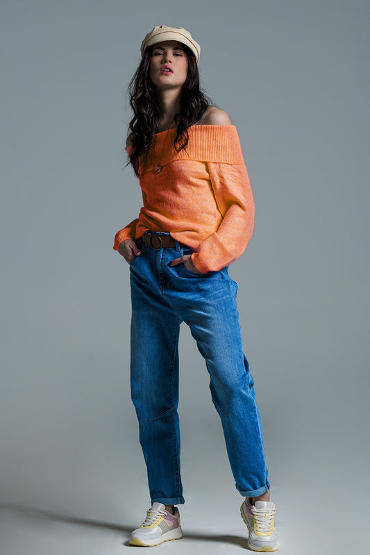 Orange sweater with boat neckline - jumper