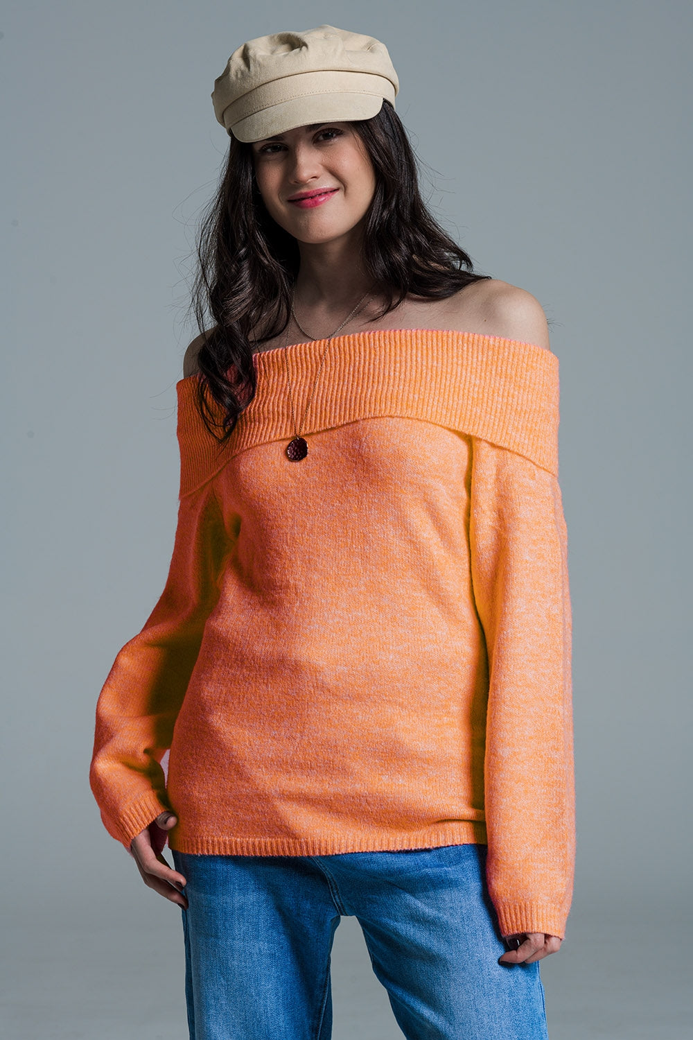 Orange sweater with boat neckline - jumper