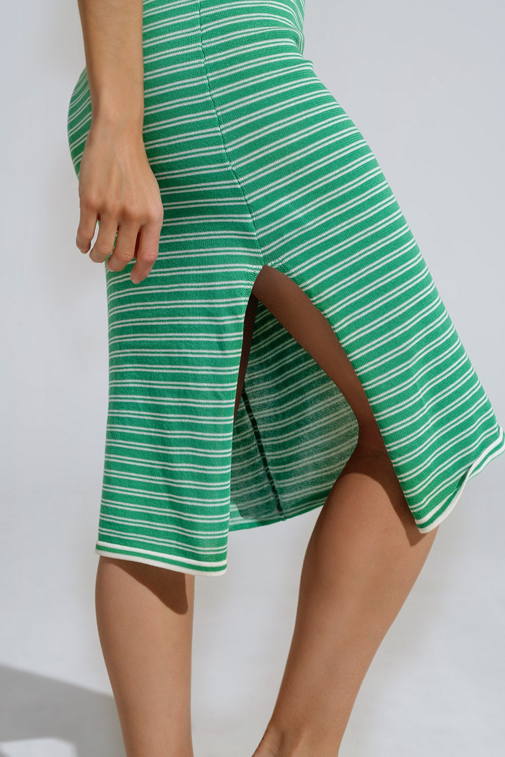 Green Midi Dress With Stripes And Spaghetti Straps - dress