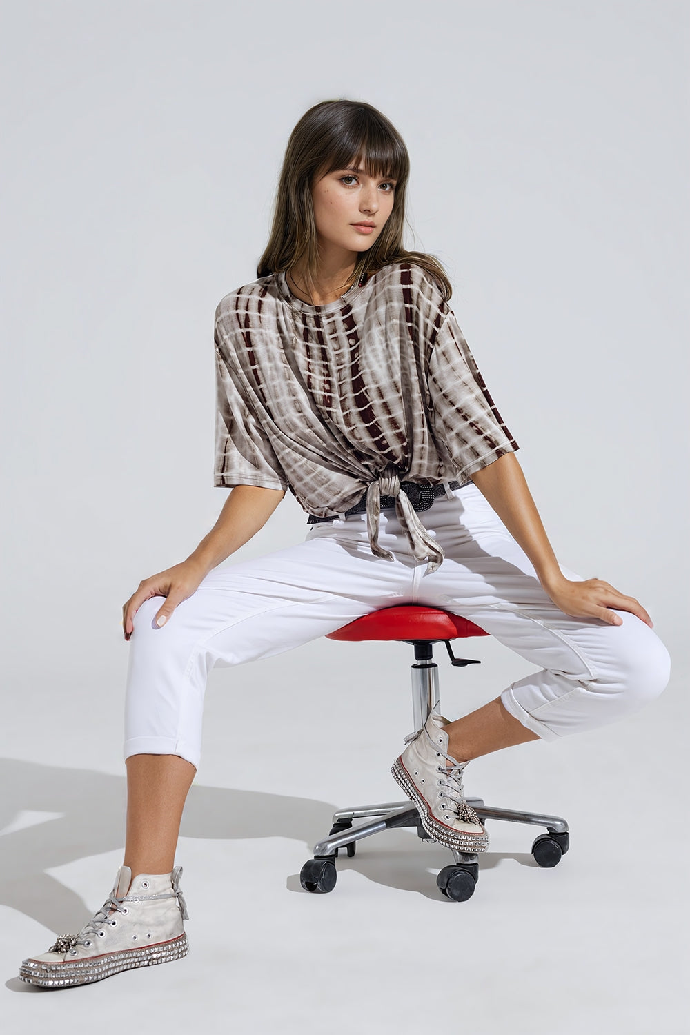 Khaki Tie Dye printed t-shirt with knot on the front - top