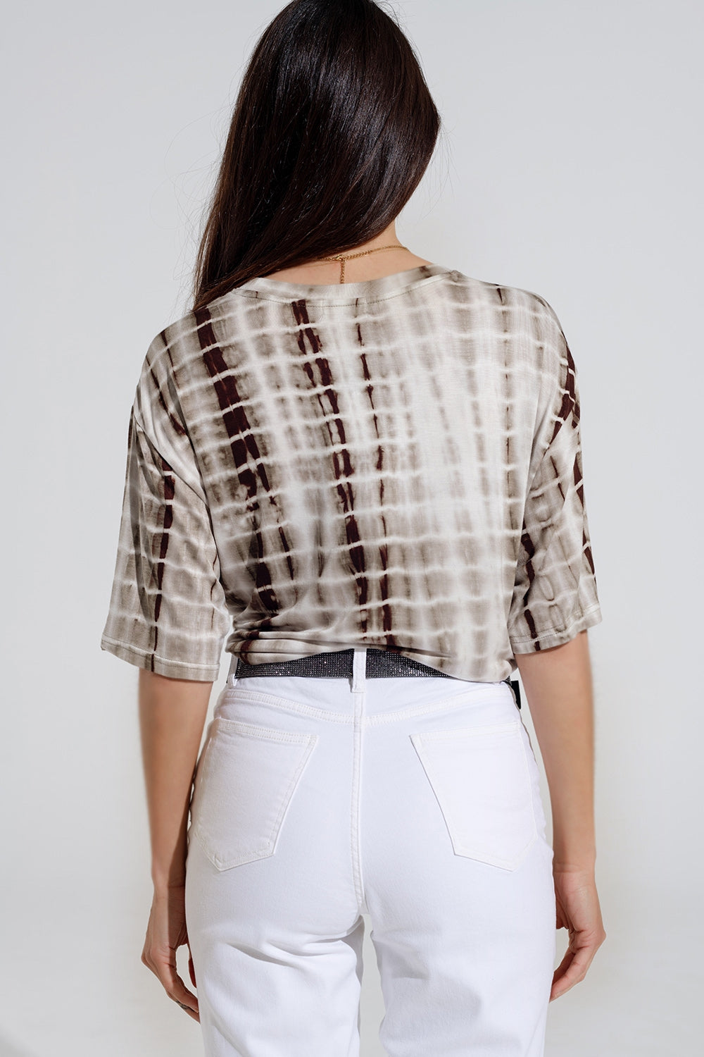 Khaki Tie Dye printed t-shirt with knot on the front - top