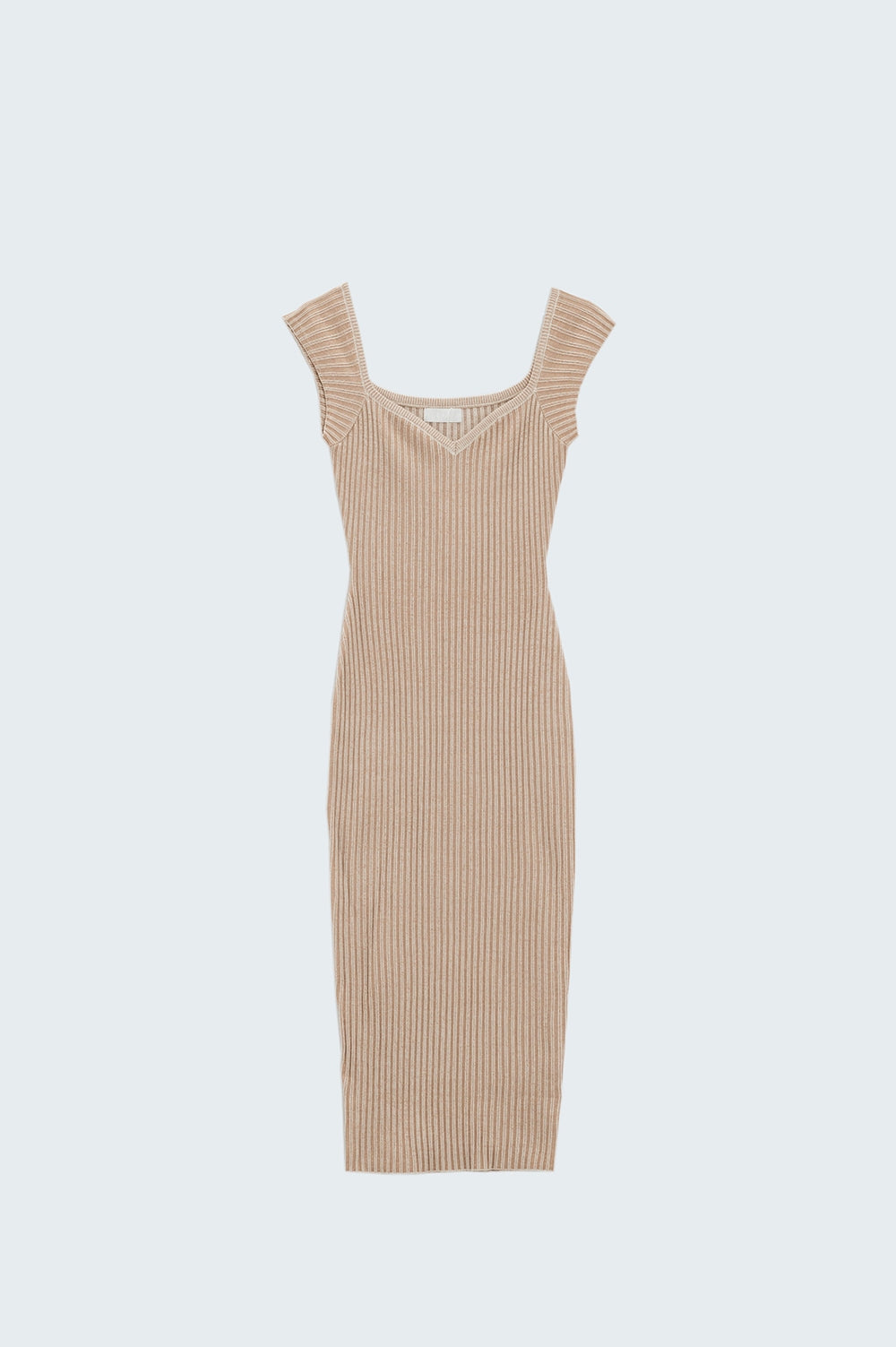 Beige midi thick rib bodycon dress with cap sleeves - dress