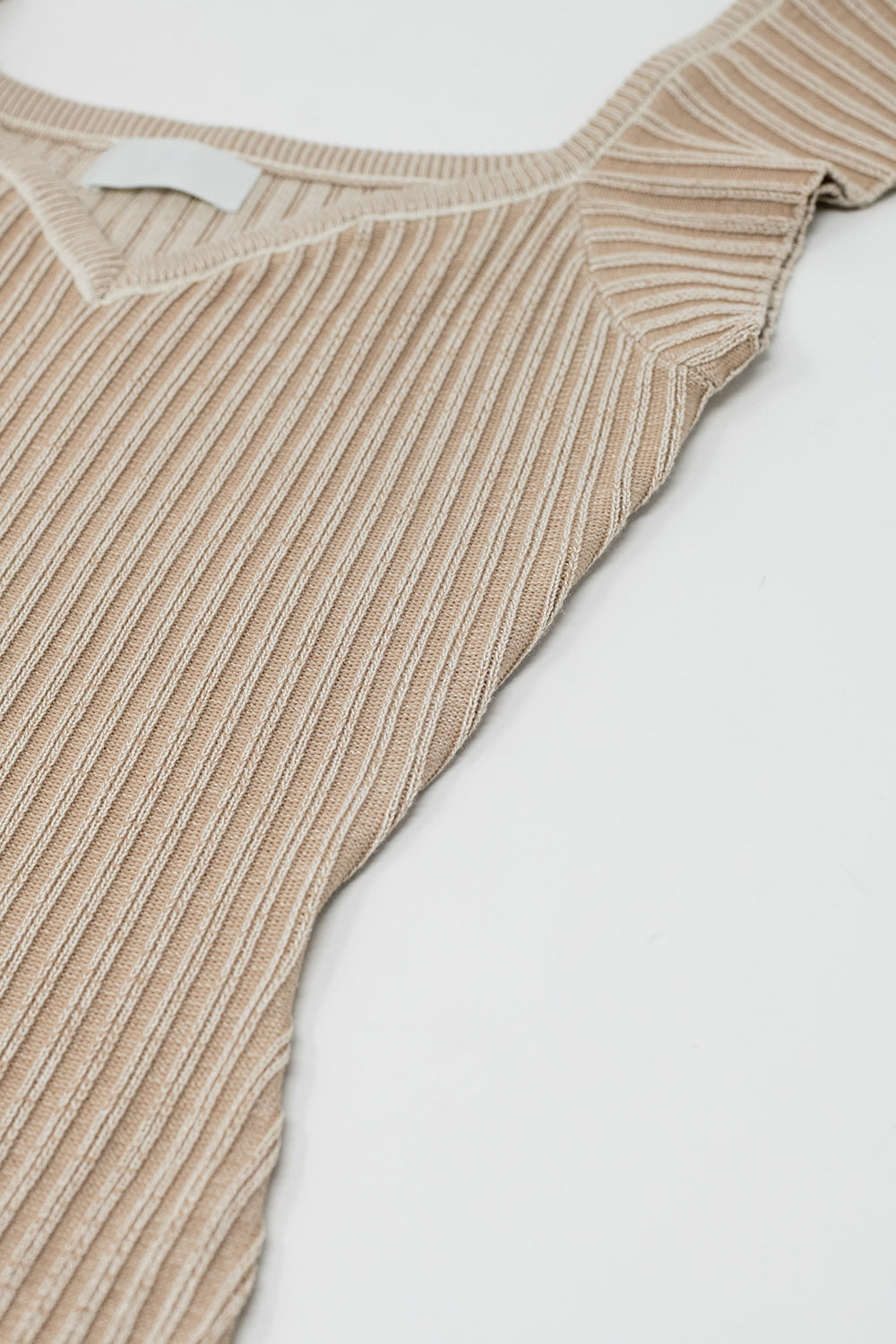 Beige midi thick rib bodycon dress with cap sleeves - dress