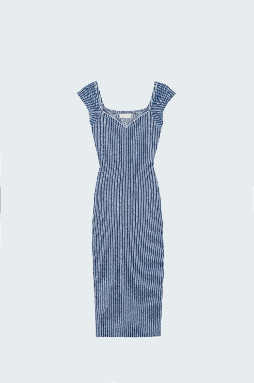 Robe moulante midi bleue en grosse maille côtelée avec manches courtes
