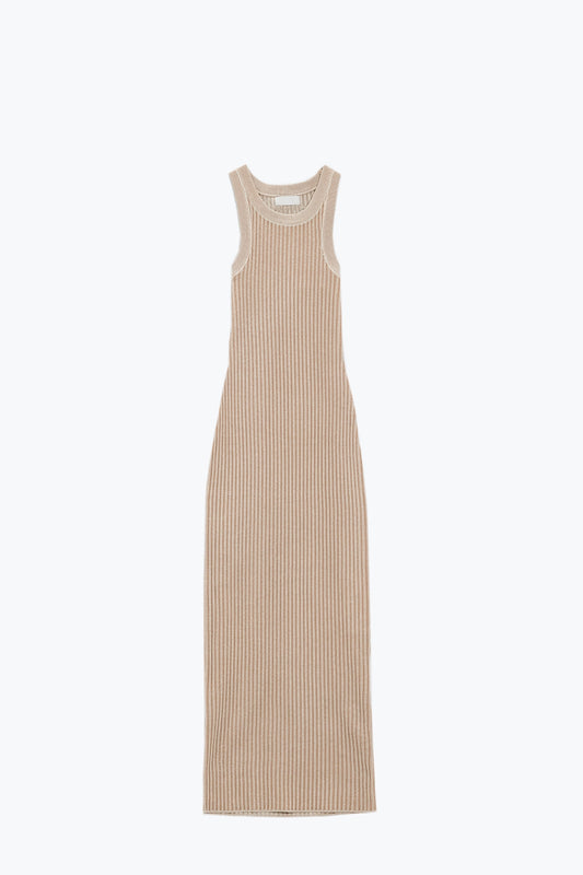 Maxi Sleeveless Halter Bodycon Ribbed Dress in beige - dress