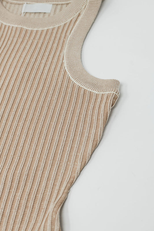 Maxi Sleeveless Halter Bodycon Ribbed Dress in beige - dress