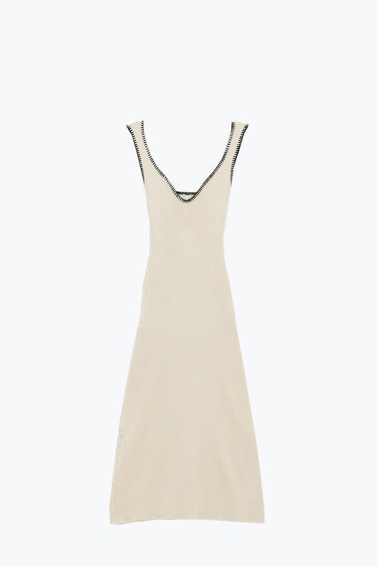 Summer Body Hugging knitted Dress in beige With black Trim - dress