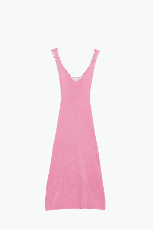 Summer Body Hugging knitted Dress in pink With White Trim - dress