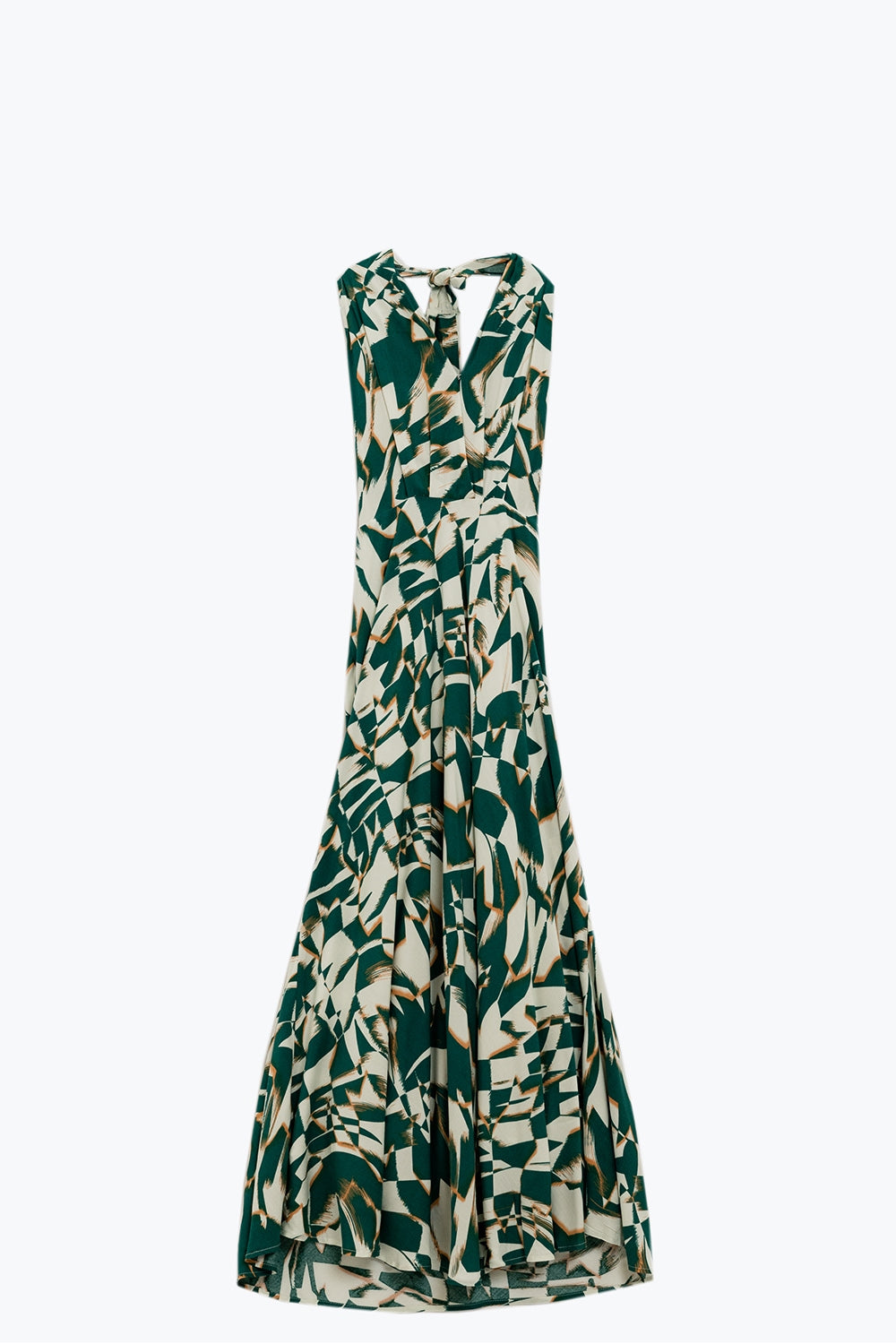 Halter Midi Dress with Cinched Waist In Abstract Green and White Print - dress