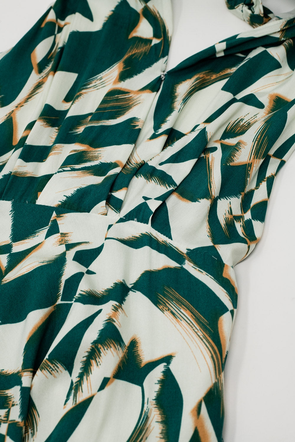 Halter Midi Dress with Cinched Waist In Abstract Green and White Print - dress