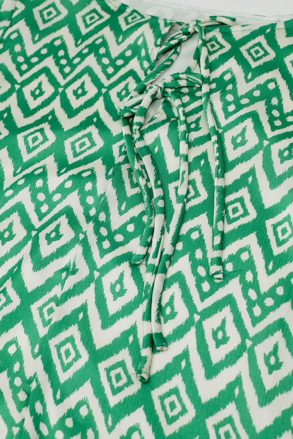 Short Dress With Tie At The Front Details in Ethnic Green Print - dress