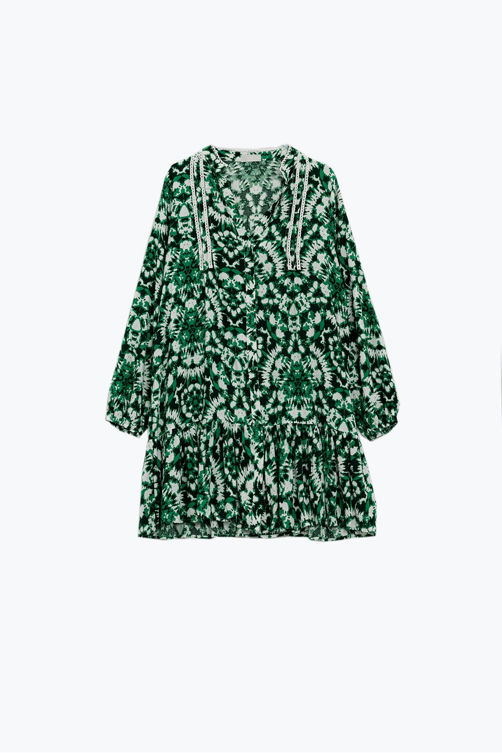Tie Dye Print Short Dress With Long Sleeves And Lace Trim in Green - dress
