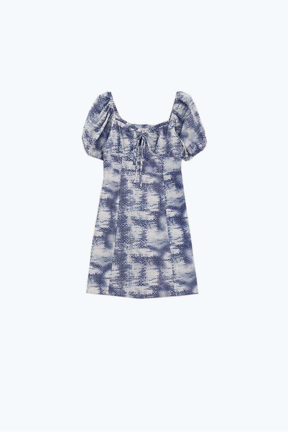 Short Dress With Puff Sleeves In Abstract Blue and White Print - dress