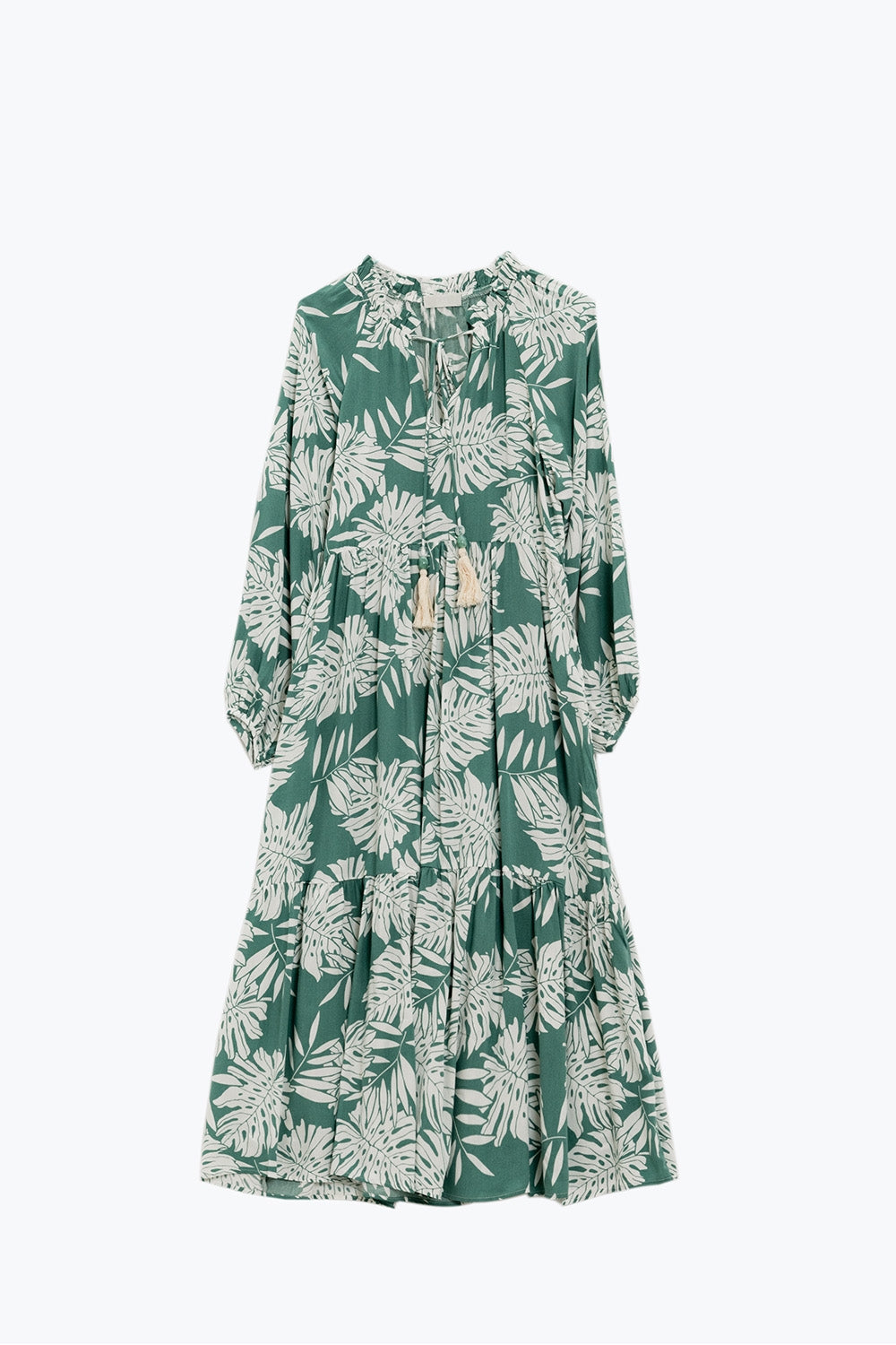 Boho Maxi Dress With Balloon Sleeves And Leaf Print In Green - dress