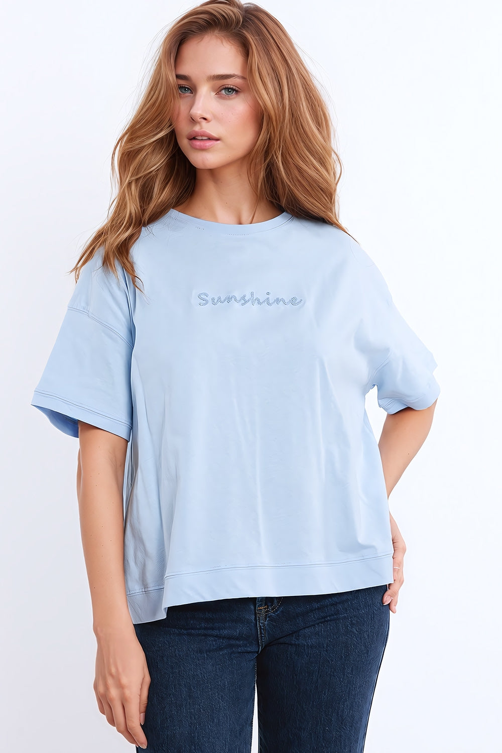 Sunshine oversized T-shirt with textured text at the front in blue - top