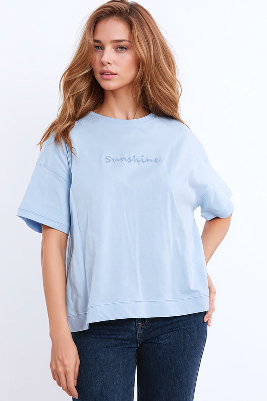 Sunshine oversized T-shirt with textured text at the front in blue - top