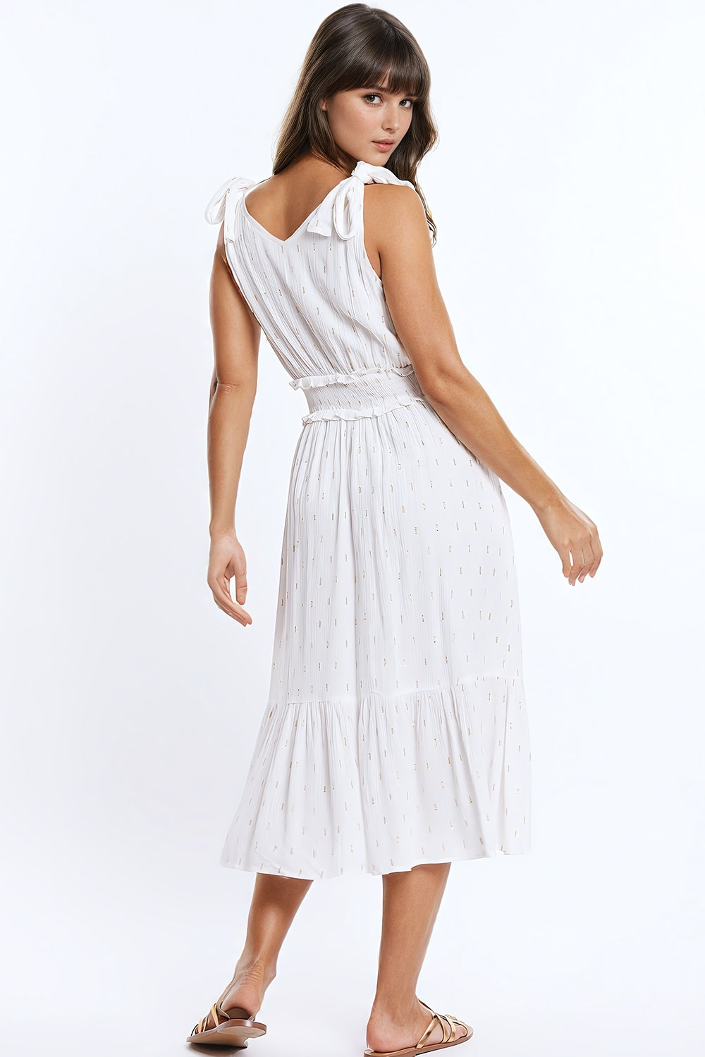 Wrapped White Midi Dress With Smock Detail At The Waist and Golden Polka Dots - dress