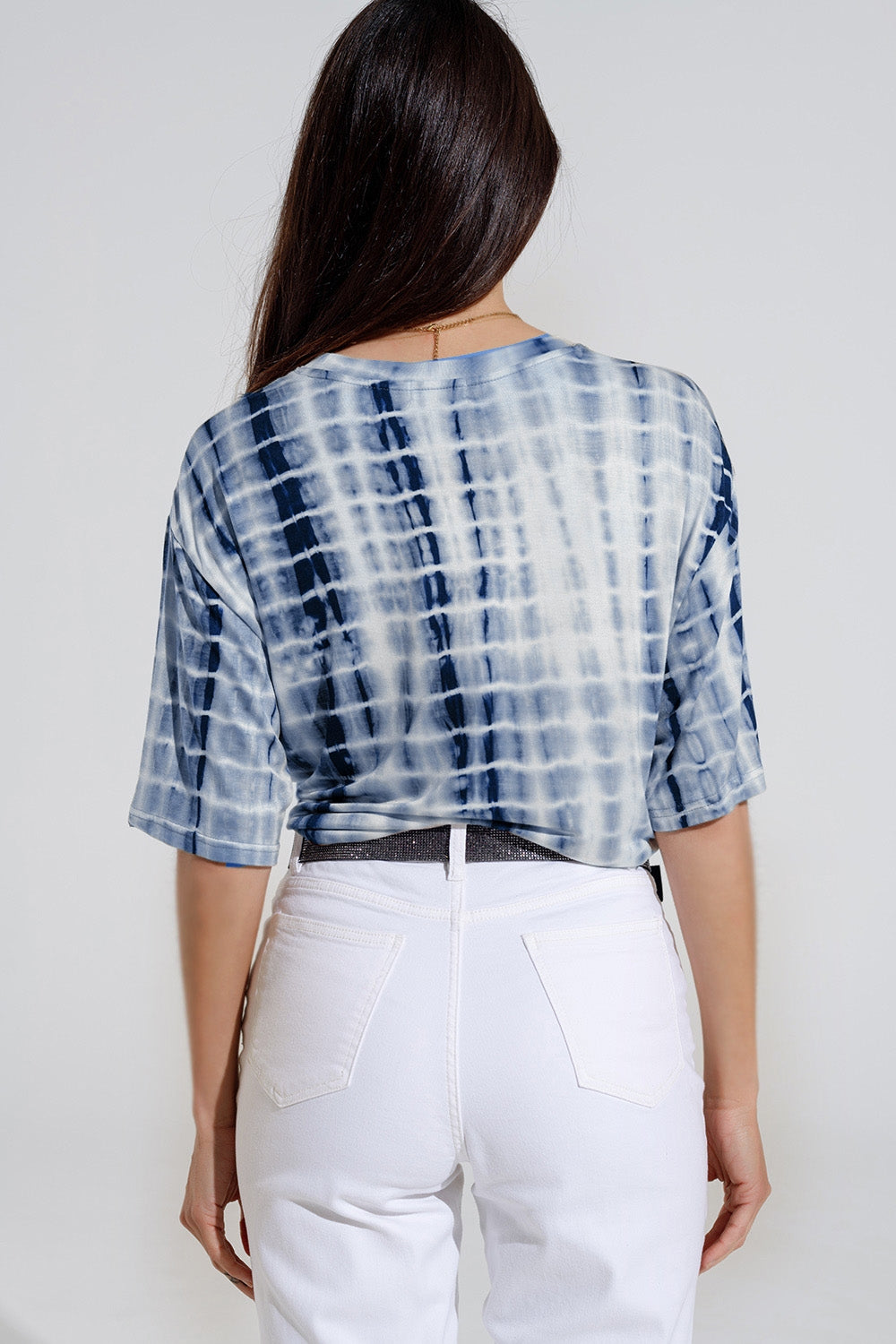Blue Tie Dye printed t-shirt with knot on the front - top