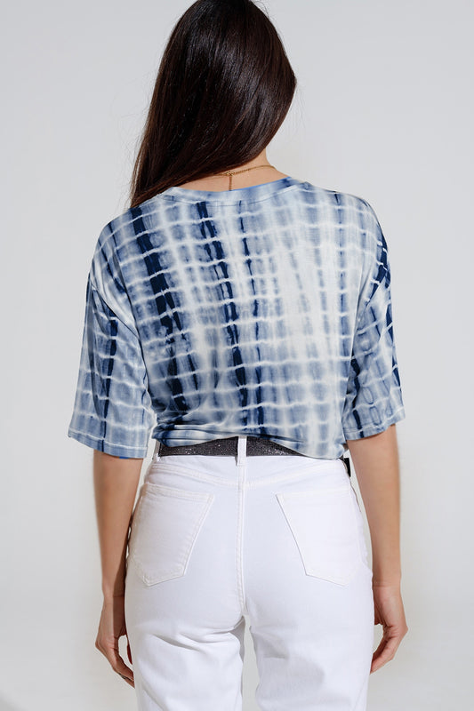 Blue Tie Dye printed t-shirt with knot on the front - top