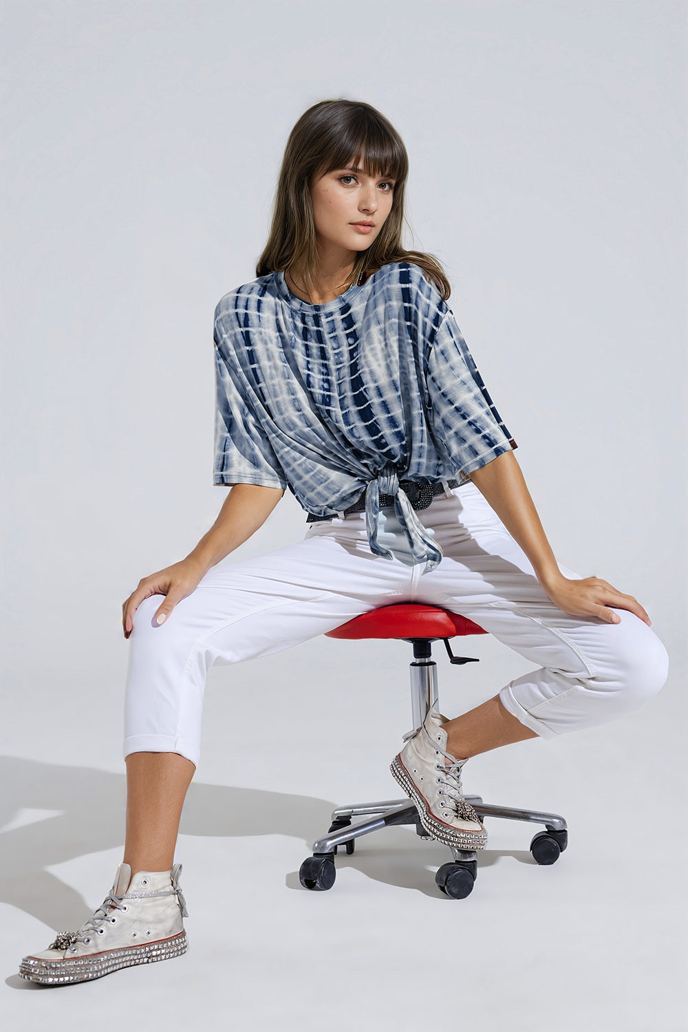 Blue Tie Dye printed t-shirt with knot on the front - top