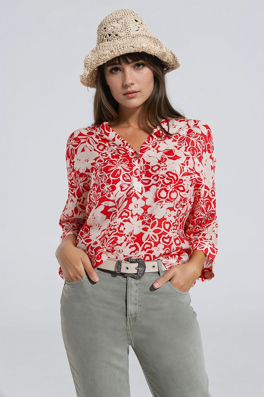 Relaxed red Floral Print Blouse With Bell Sleeves - Shirts