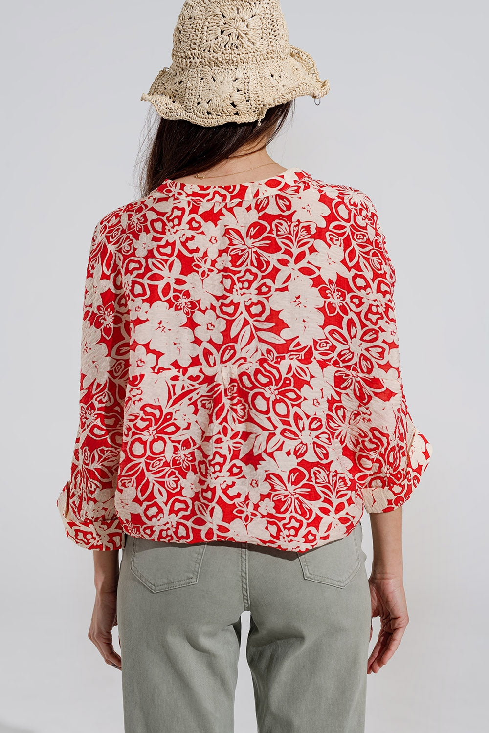 Relaxed red Floral Print Blouse With Bell Sleeves - Shirts