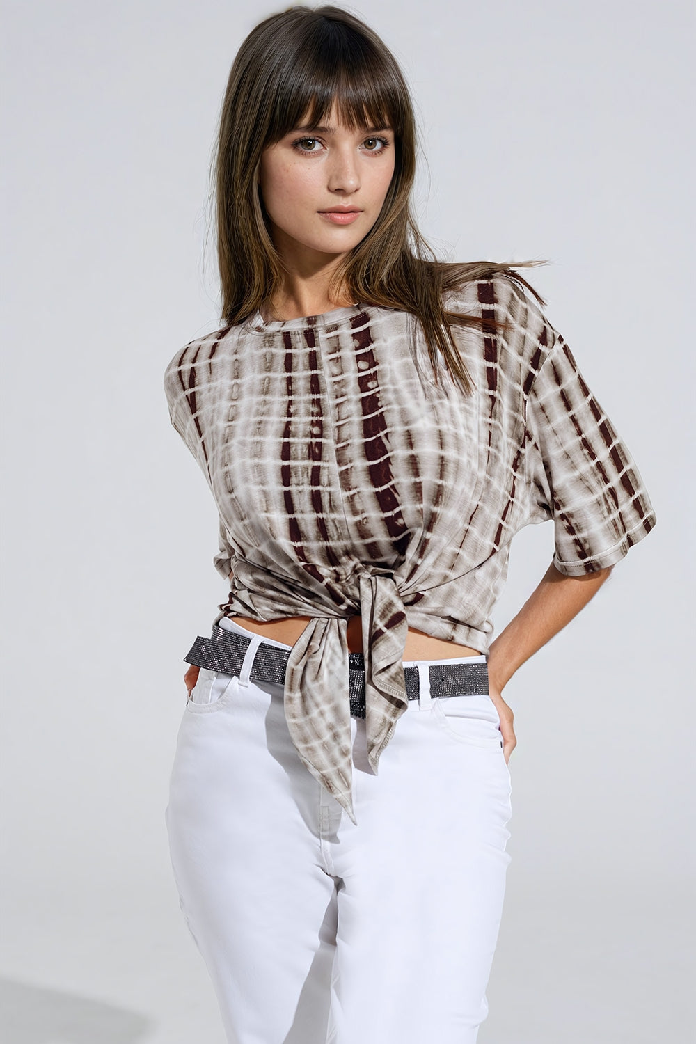 Khaki Tie Dye printed t-shirt with knot on the front - top