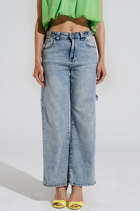 Cargo Style Bleached Jeans With Belt Like Strap Details At The Waist - Denim