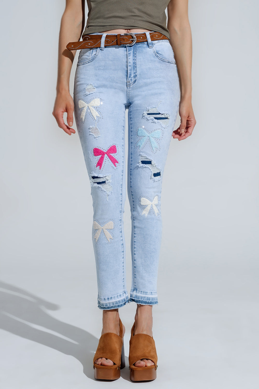 Light Blue Skinny Jeans With Bow ties and Ripped Holes - Denim
