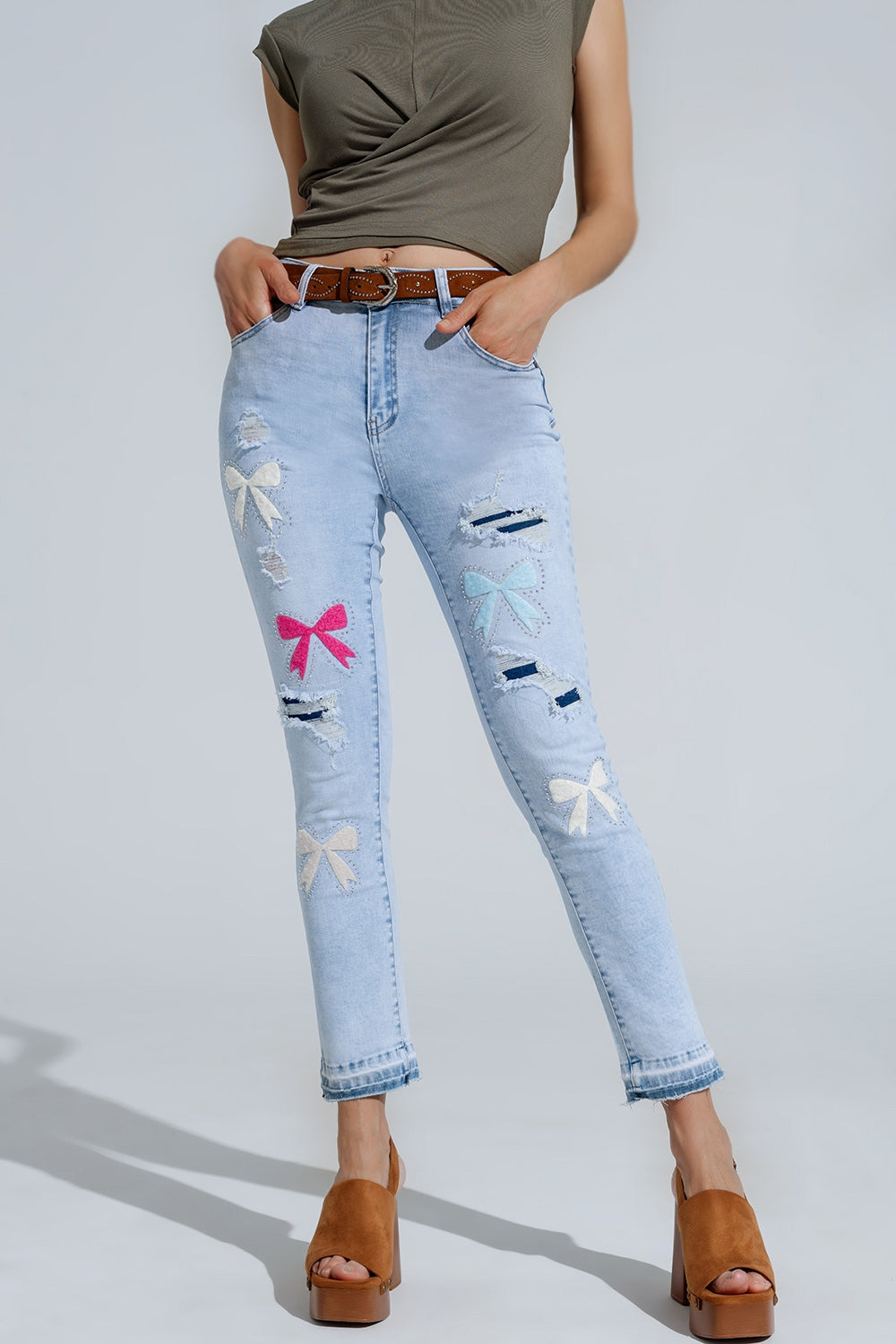 Light Blue Skinny Jeans With Bow ties and Ripped Holes - Denim