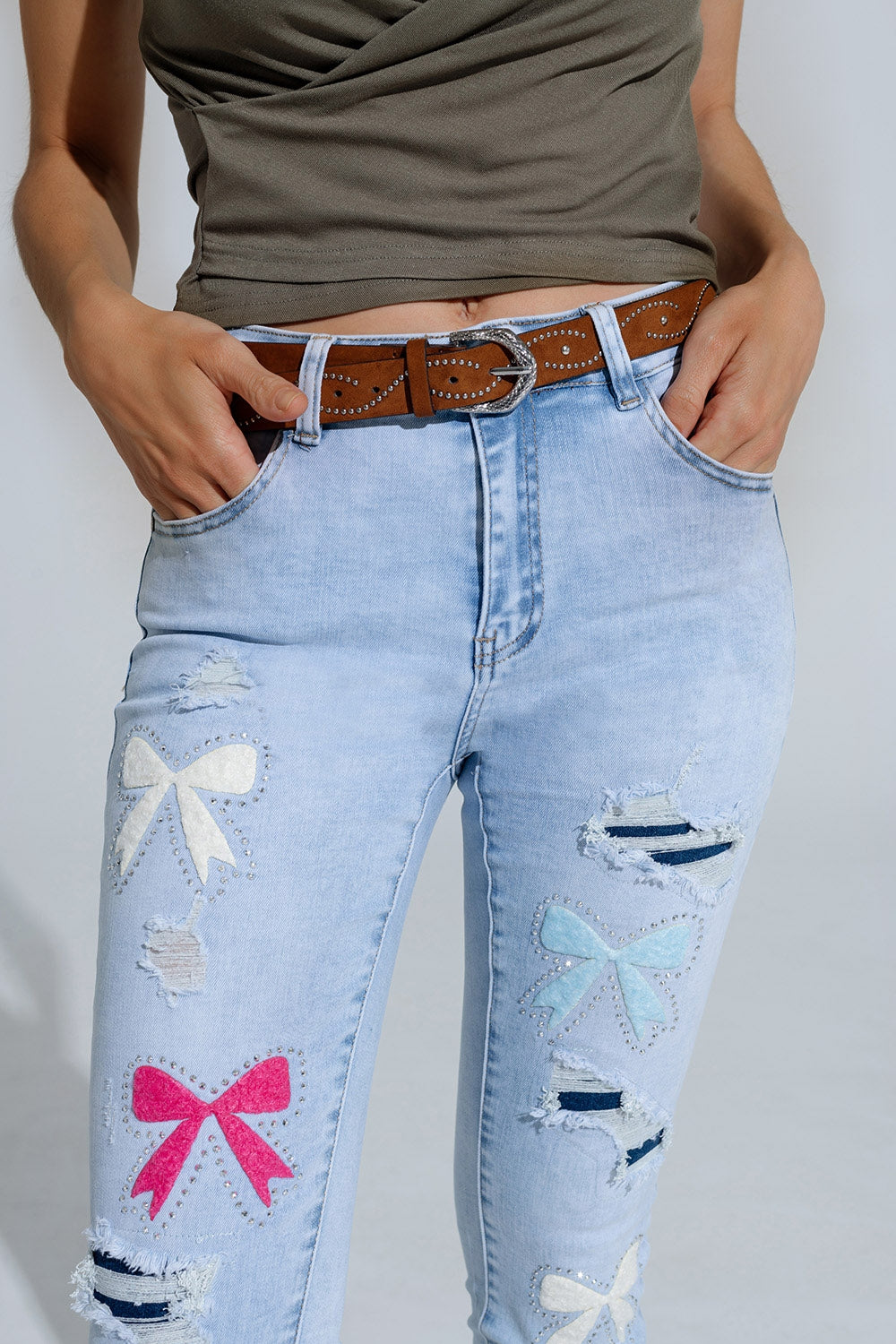 Light Blue Skinny Jeans With Bow ties and Ripped Holes - Denim