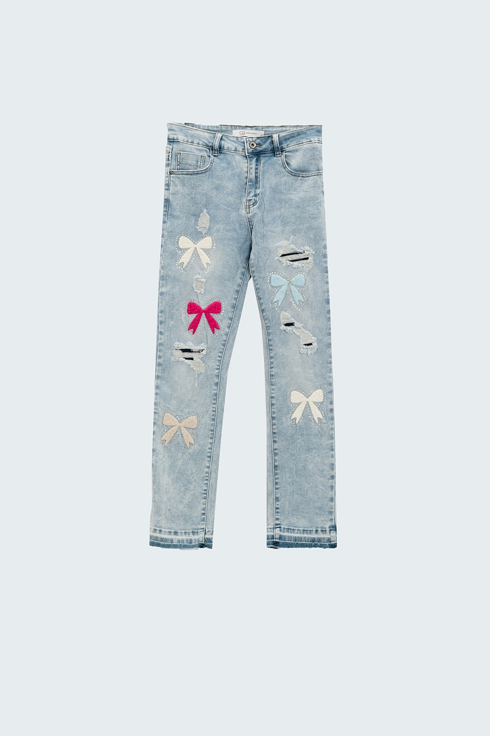 Light Blue Skinny Jeans With Bow ties and Ripped Holes - Denim