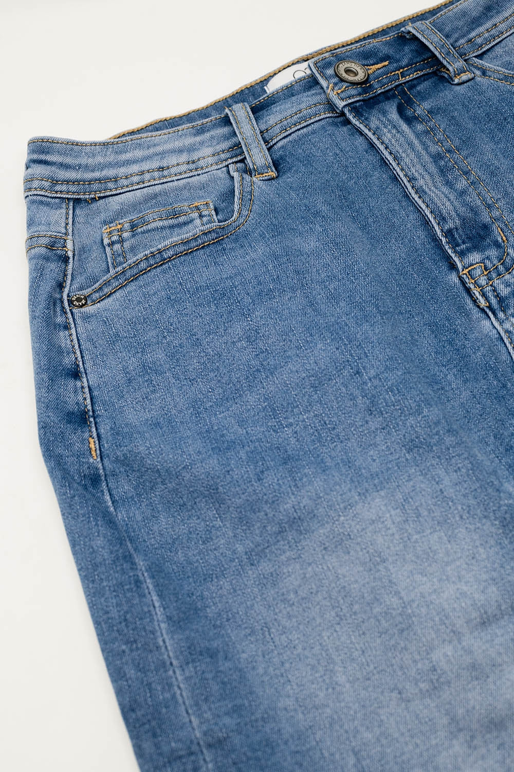 Stretch Denim Midi Skirt With Split Down The Front