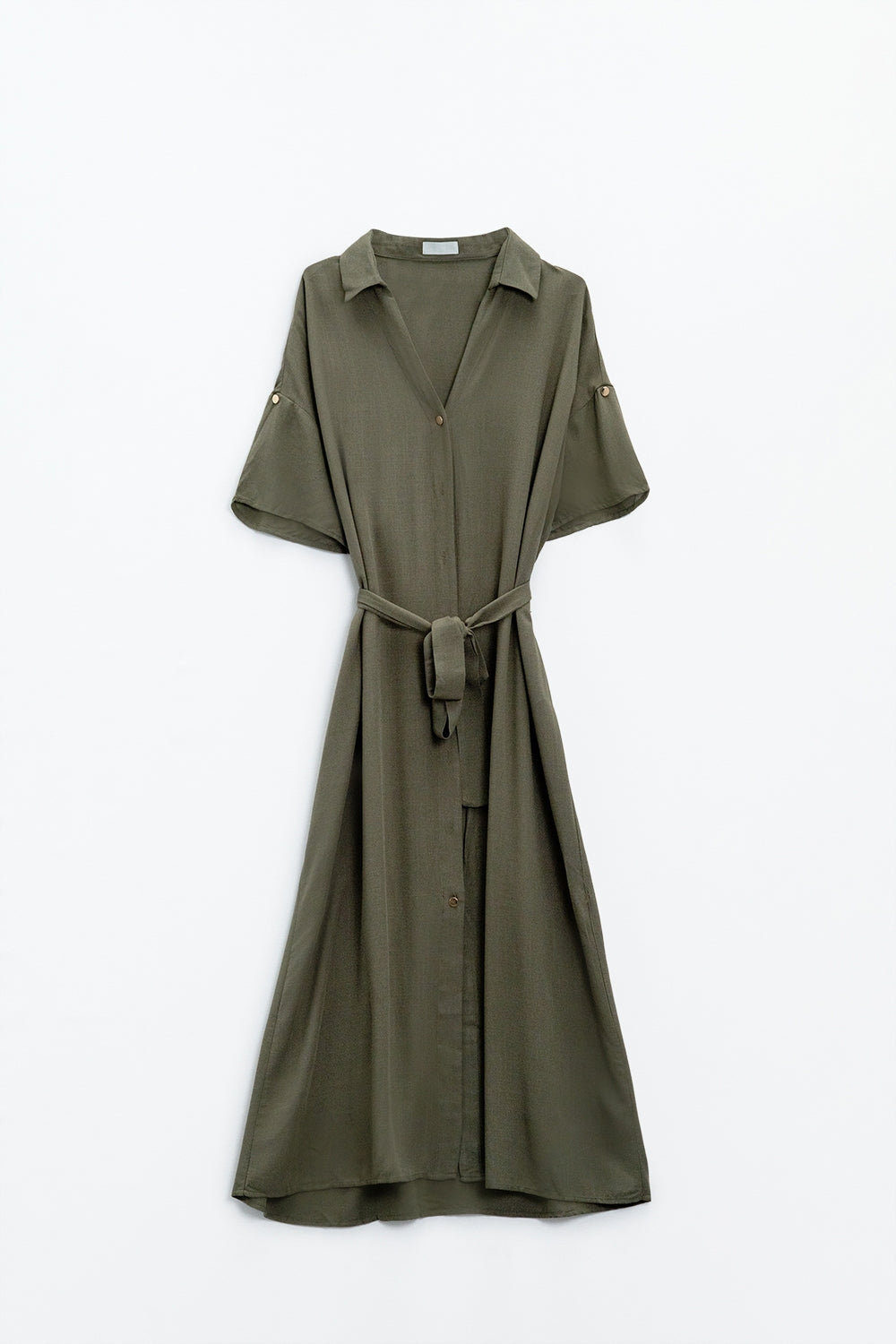 Khaki Midi Button Down Dress With Short Sleeves and Matching Belt - dress