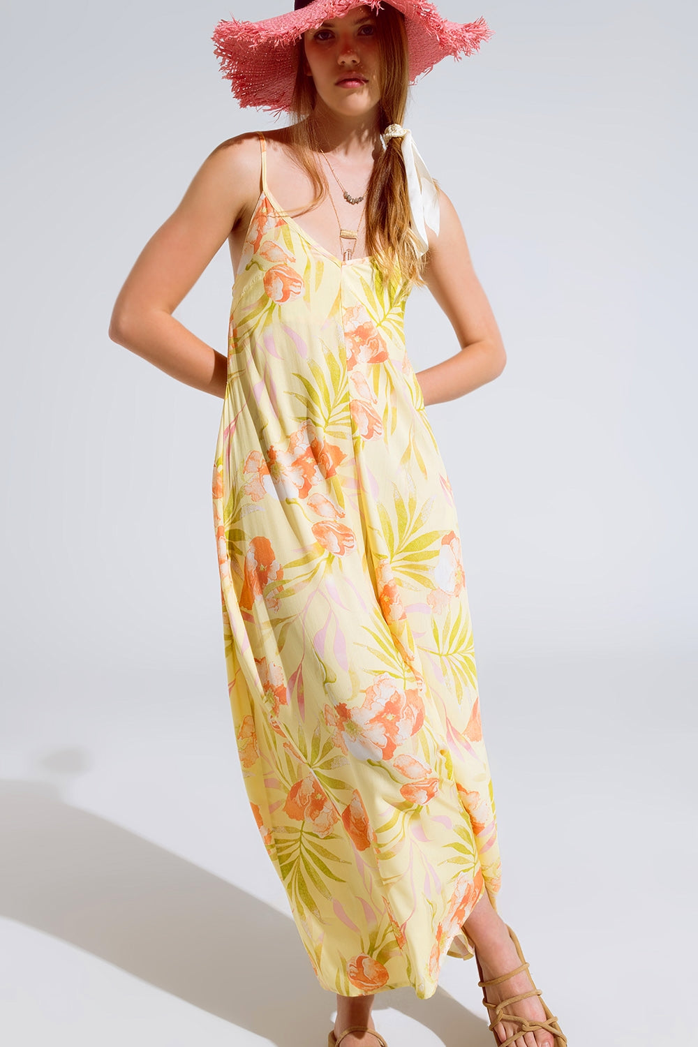 maxi yellow jumpsuit in tropical print - dress
