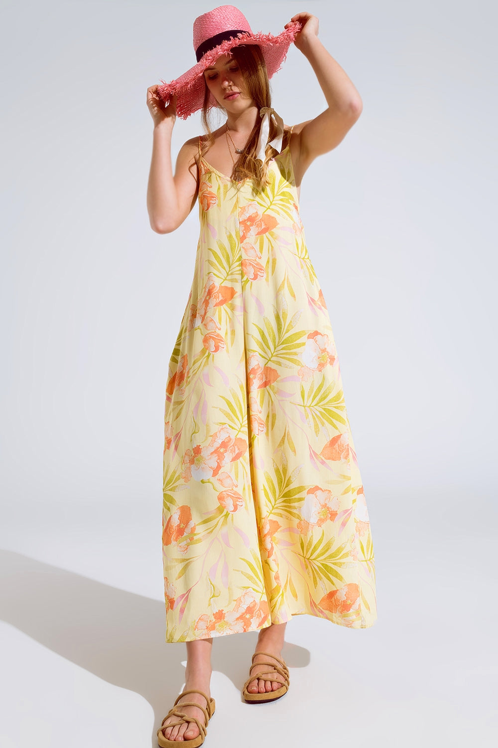 maxi yellow jumpsuit in tropical print - dress