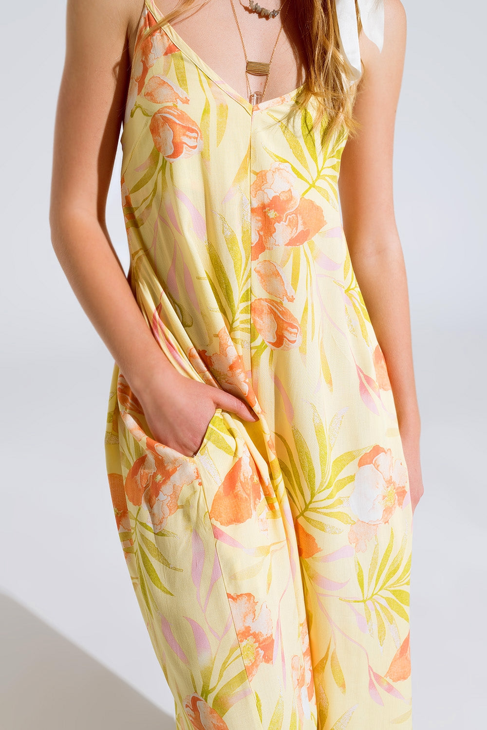 maxi yellow jumpsuit in tropical print - dress