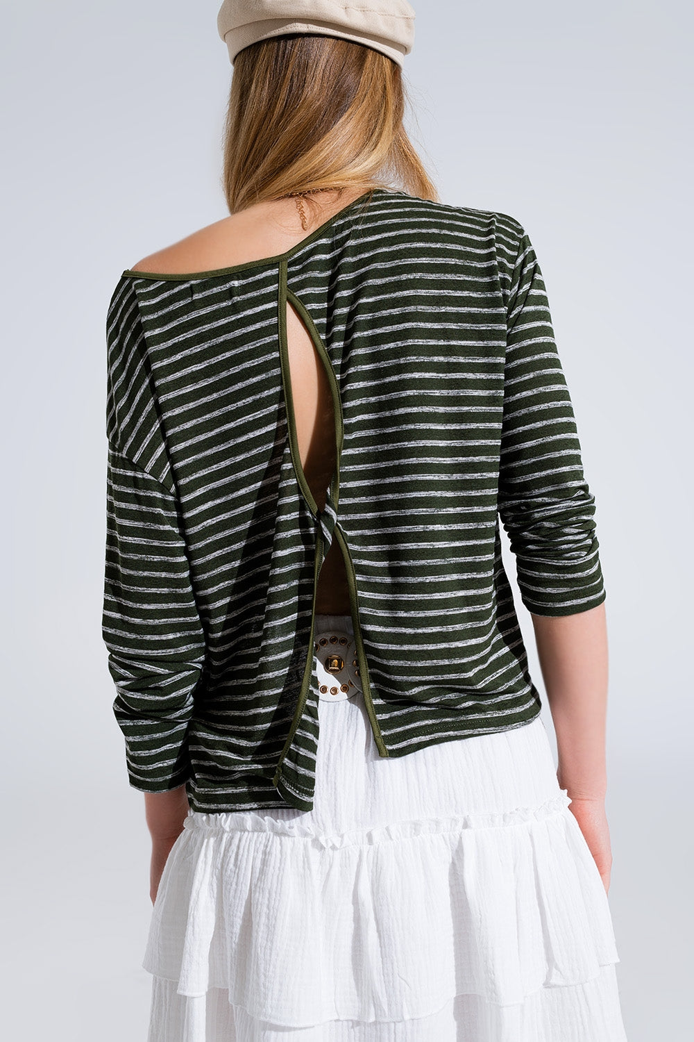 Relaxed striped T-shirt in khaki with open back detail - top