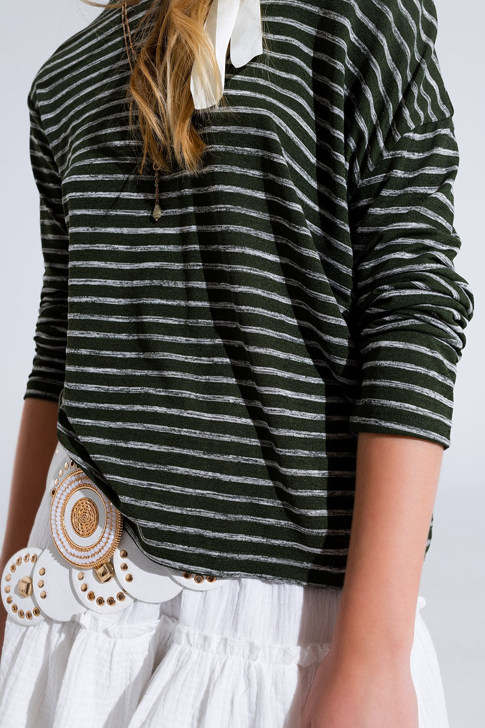 Relaxed striped T-shirt in khaki with open back detail - top