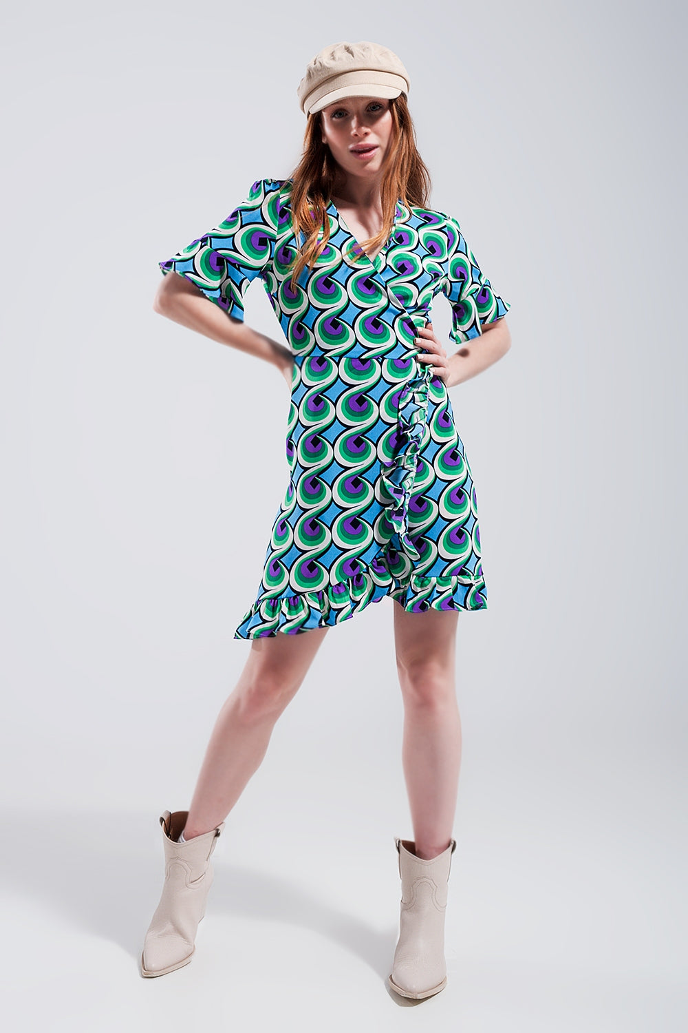 Wrap ruffle hem mini dress in 70s blue print - dress