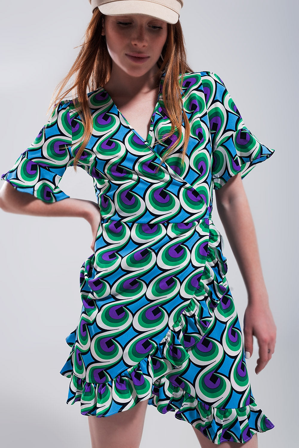Wrap ruffle hem mini dress in 70s blue print - dress