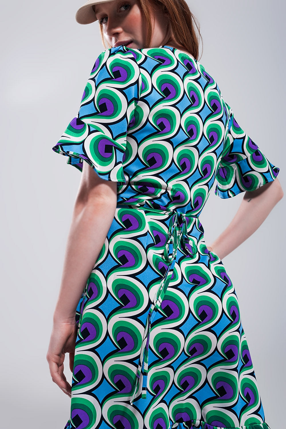 Wrap ruffle hem mini dress in 70s blue print - dress