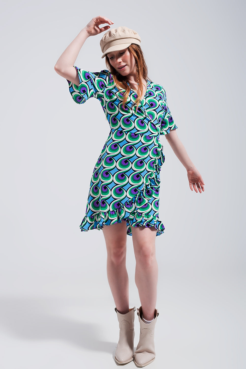 Wrap ruffle hem mini dress in 70s blue print - dress